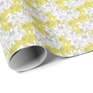 Geel Wit Grijs Bloemmotief Cadeaupapier