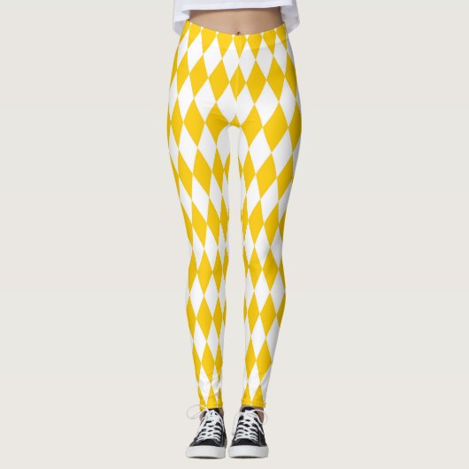 Geel Wit Harlequin Diamonds Checkers Ontwerp Leggings (Voorkant)