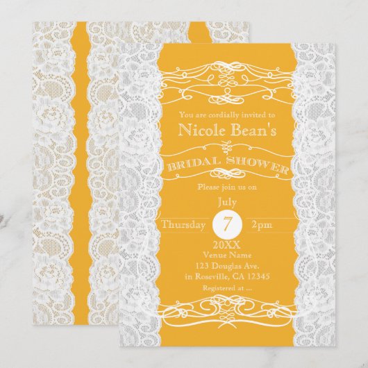 Geel & Wit Kant BRIDAL DOUCHE Uitnodigingen (Voorkant / Achterkant)