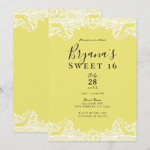 Geel & Wit Kant Elegant Sweet 16 Feestje Kaart