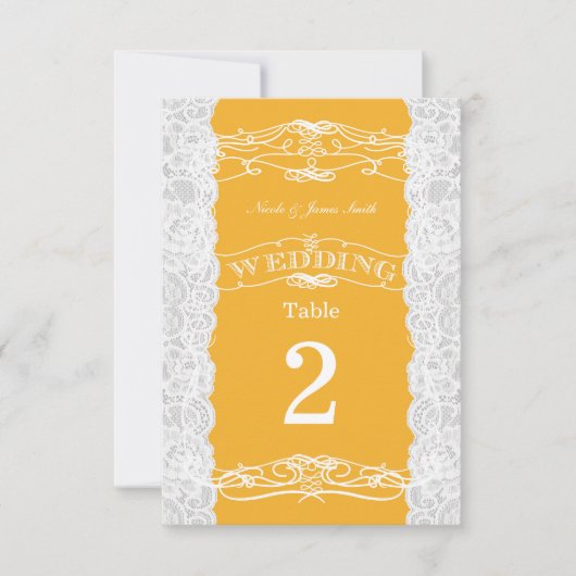 Geel & wit kant trouwtafel nummerkartjes kaart (Voorkant)