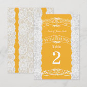 Geel & wit kant trouwtafel nummerkartjes kaart (Voorkant / Achterkant)