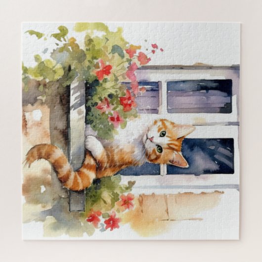 Geel Wit Kat Venster Bloemdoos Schilderen Legpuzzel (Horizontaal)