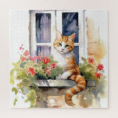 Geel Wit Kat Venster Bloemdoos Schilderen Legpuzzel (Verticaal)
