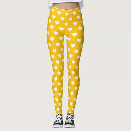Geel Wit Liefde Hart Patroon Ontwerp Leggings (Voorkant)