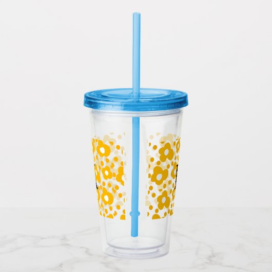 Geel wit madeliefje bloempatroon en monogram muts acryl drinkbeker (Rechts)