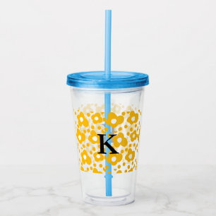 Geel wit madeliefje bloempatroon en monogram muts acryl drinkbeker