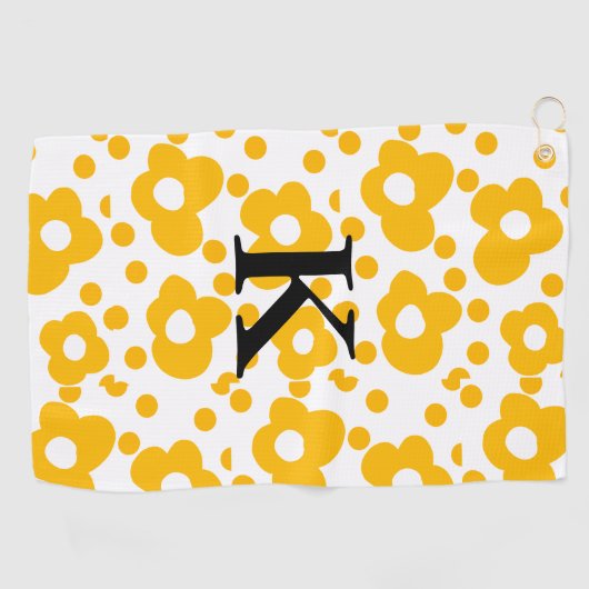 Geel wit madeliefje bloempatroon en monogram muts golfhanddoek (Horizontaal)