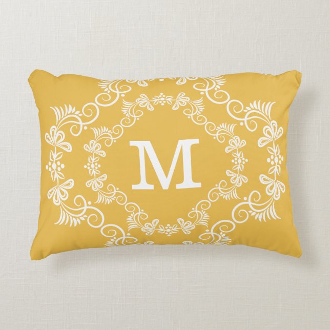 Geel wit monogram decoratief decoratief kussen (Voorkant)