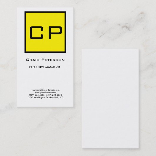 Geel wit monogram Modern Minimalistisch Plain Visitekaartje (Voorkant / Achterkant)