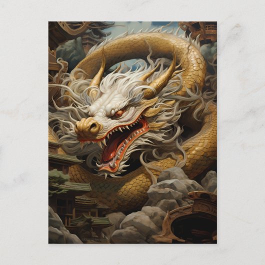Geel & Wit Oostelijke Drakenillustratie Briefkaart (Voorkant)