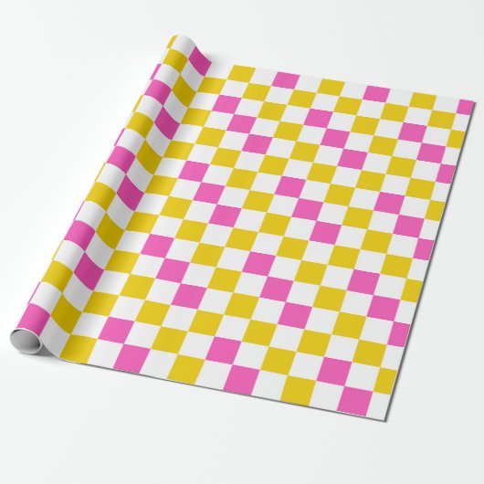Geel Wit Roze Geruit Ontwerp Cadeaupapier (Uitgerold)