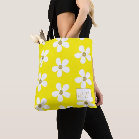 Geel wit Simple Daisy Gold Monogram Tote Bag (Dichtbij)