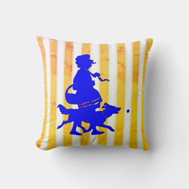 Geel Wit Streep Kind Hond Blauw Silhouet Kussen (Voorkant)