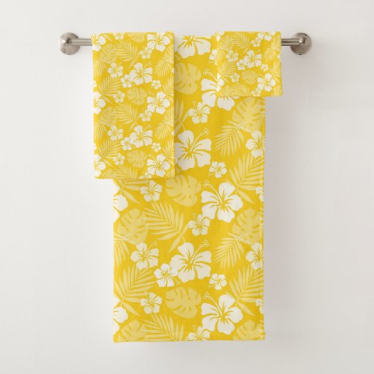GEEL & WIT TROPISCHE HIBISCUS BLOEMEN BAD HANDDOEK (Insitu)