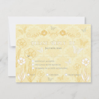 Geel Witte Bloemen en Vlinders Bruiloft RSVP Kaartje