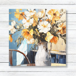 Geel & Witte Bloemen in Vaas Blauwe Muur Canvas Afdruk