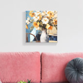 Geel & Witte Bloemen in Vaas Blauwe Muur Canvas Afdruk (Insitu (Woonkamer))