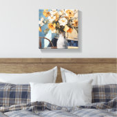 Geel & Witte Bloemen in Vaas Blauwe Muur Canvas Afdruk (Insitu (Slaapkamer))