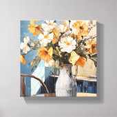 Geel & Witte Bloemen in Vaas Blauwe Muur Canvas Afdruk (Voorkant)