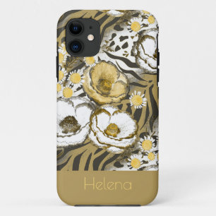 Geel, witte bloemen op een tijgerachtergrond Hoesj Case-Mate iPhone Case