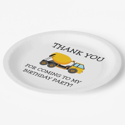 Geel Witte Cement Truck Bedankt op de verjaardag v Papieren Bordje (Gekanteld)