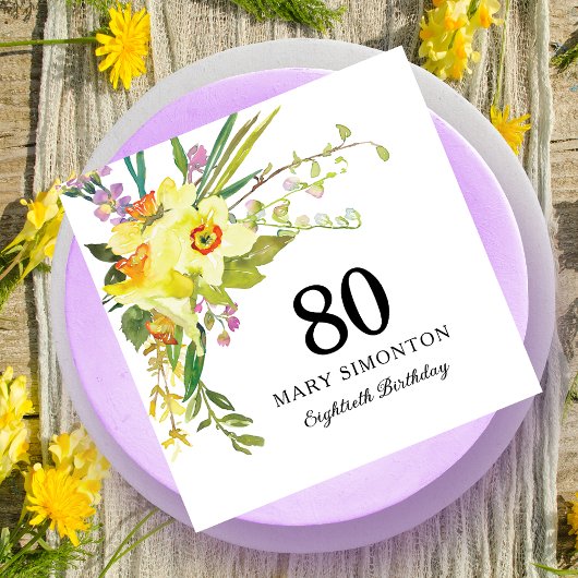 Geel Witte Daffodil 80th Birthday Party Napkins Servet