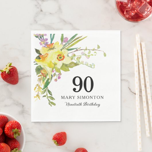 Geel Witte Daffodil 90th Birthday Party Napkins Servet (Insitu)