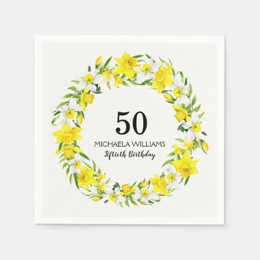 Geel Witte Daffodil Wreath 50th Birthday Napkins Servet (Voorkant)