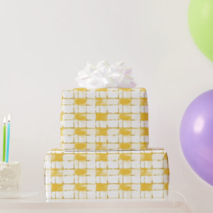 Geel Witte Geruite Strepen Verjaardag Cadeaupapier
