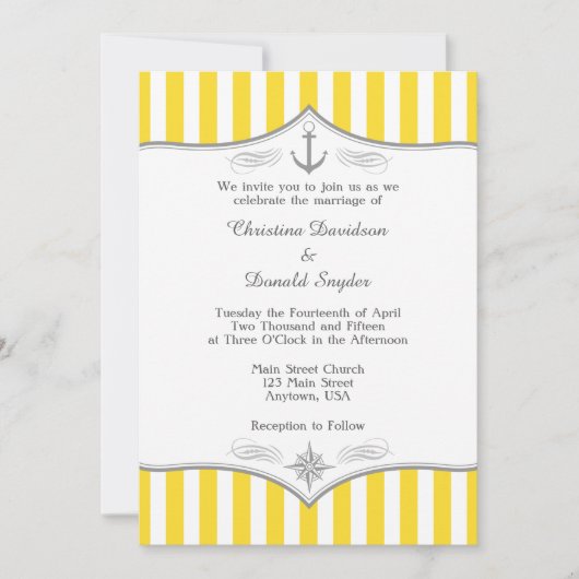 Geel-witte grijze Nautical Wedding Invitation Kaart (Voorkant)