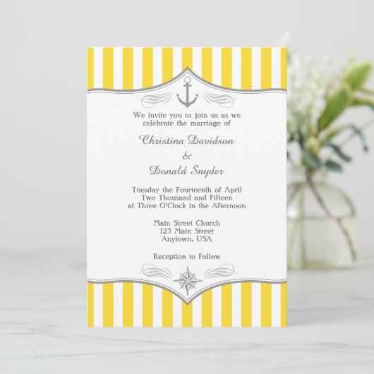 Geel-witte grijze Nautical Wedding Invitation Kaart (Staand voorkant)