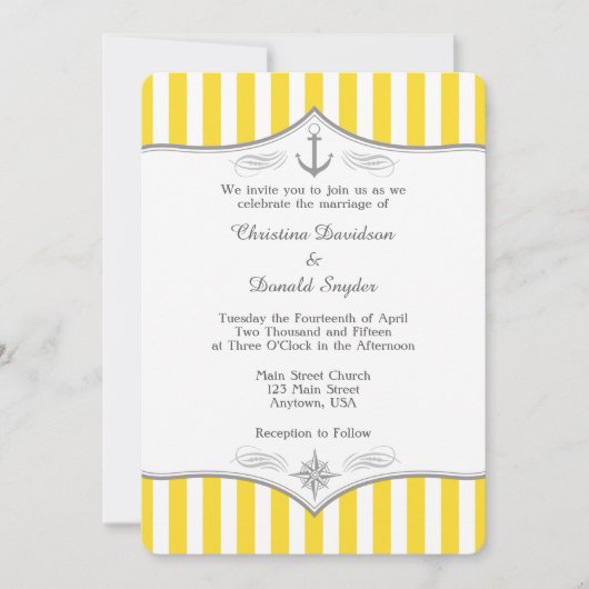 Geel-witte grijze Nautical Wedding Invitation Kaart (Voorkant)
