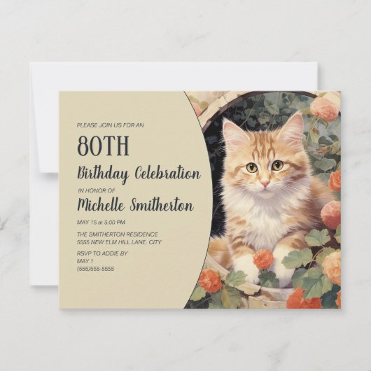 Geel Witte Kitten Boog 80ste Verjaardag Kaart (Voorkant)