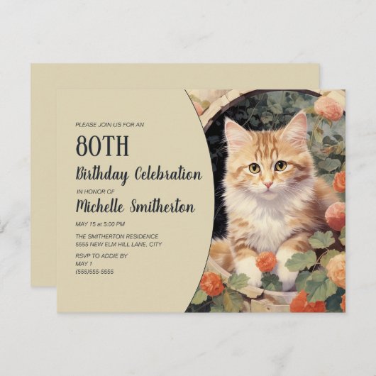 Geel Witte Kitten Boog 80ste Verjaardag Kaart (Voorkant / Achterkant)