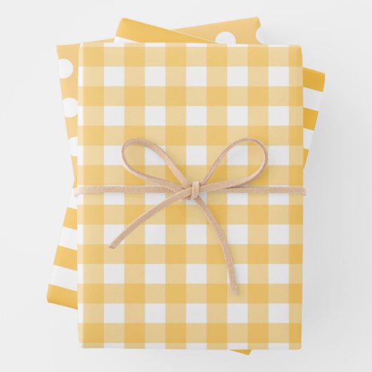 Geel Witte Patronen Gingham Stippen Gestreept Inpakpapier Vel (In situ)