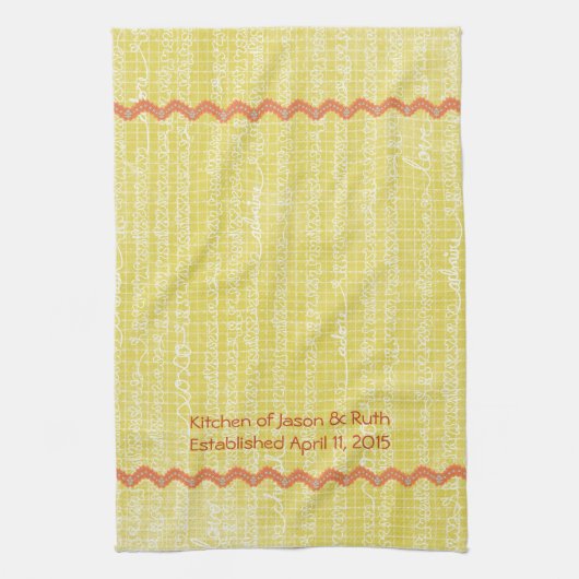 Geel XOXO Love RicRac Monogram Tea Kitchen Towel Theedoek (Verticaal)