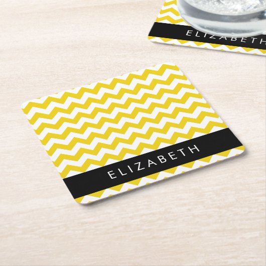 Geel zigzag, Geel Chevron, Jouw naam Kartonnen Onderzetters (Schuin)