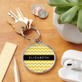 Geel zigzag, Geel Chevron, Jouw naam Sleutelhanger