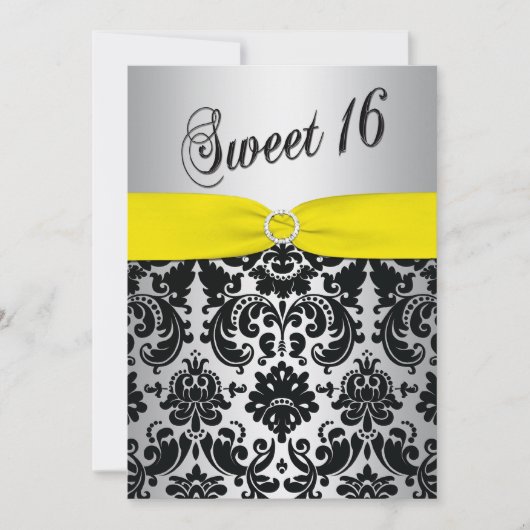 Geel, zilver, Black Damask Sweet 16 Uitnodiging (Voorkant)