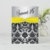 Geel, zilver, Black Damask Sweet 16 Uitnodiging (Staand voorkant)