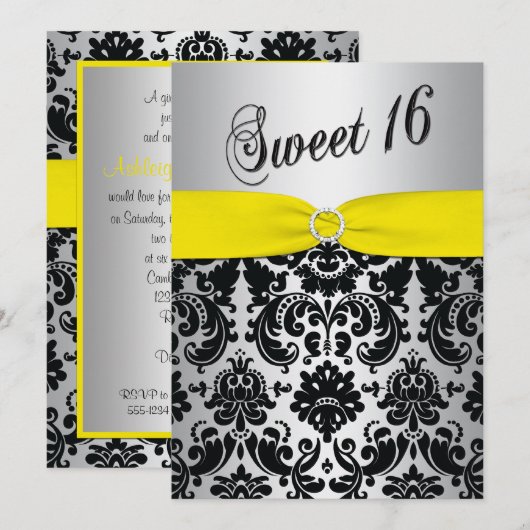 Geel, zilver, Black Damask Sweet 16 Uitnodiging (Voorkant / Achterkant)