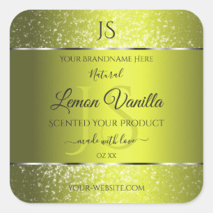 Geel Zilver met Glitter Initialen Productlabels Vierkante Sticker
