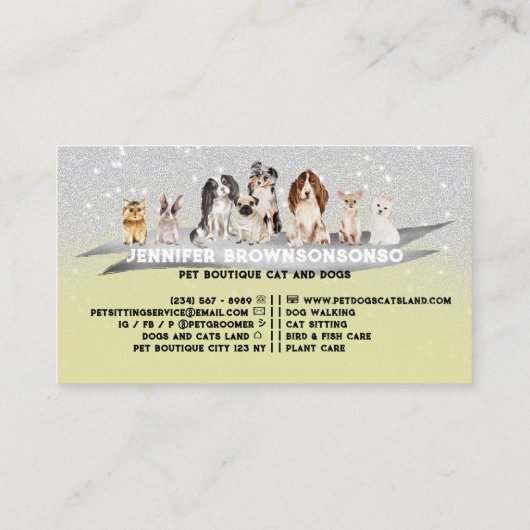 Geel Zilver Sparkles Petsitter Dog Walker Visitekaartje (Achterkant)