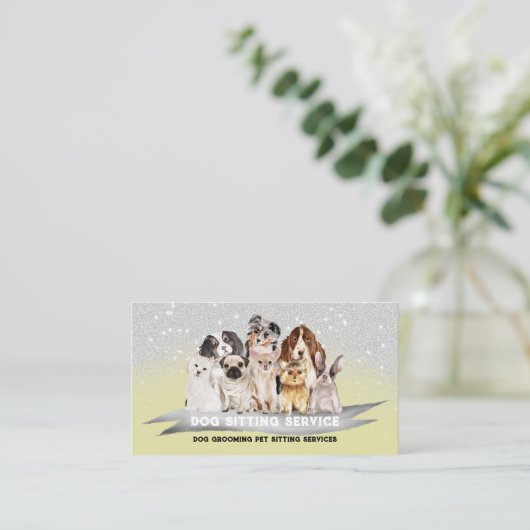 Geel Zilver Sparkles Petsitter Dog Walker Visitekaartje (Staand voorkant)
