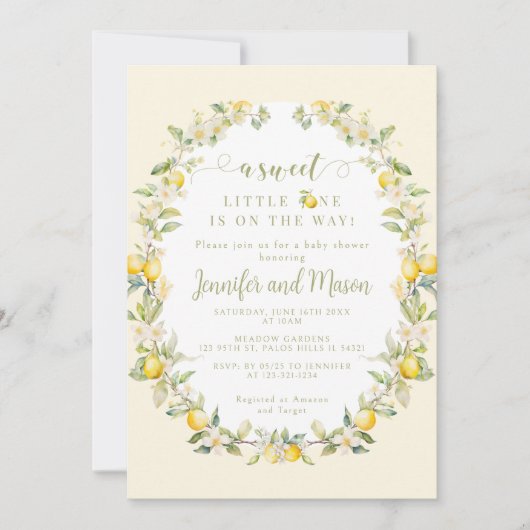 Geel zoete citroen bloemenkrans baby shower kaart (Voorkant)