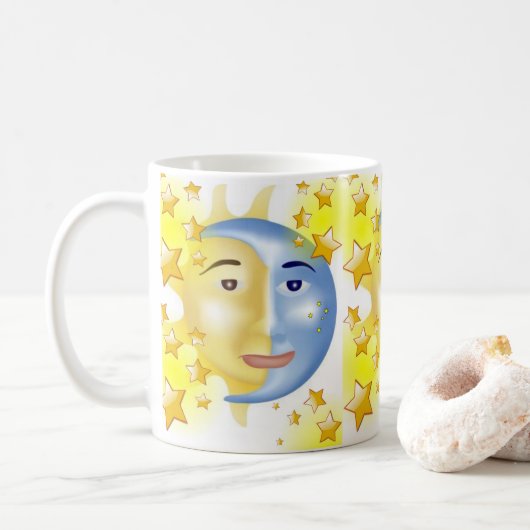 Geel Zon Blauw Maan Gele Sterren Mok (Met donut)