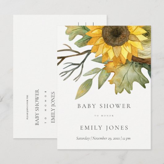 GEEL ZONKERE WATERVERF FLORAAL BABY SHOWER UITNODIGING BRIEFKAART (Voorkant / Achterkant)