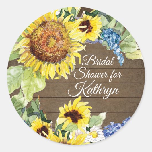Geel Zonnebloem Blauw Bloemen n Hout Vrijgezellenf Ronde Sticker (Voorkant)