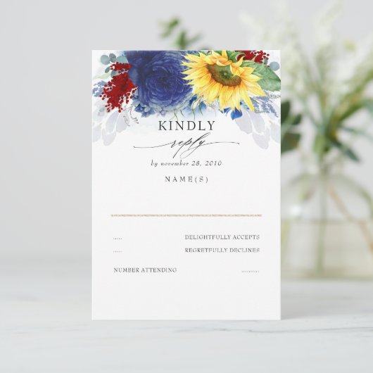 Geel Zonnebloem Blauw en Rood Herfst Bruiloft RSVP (Staand voorkant)